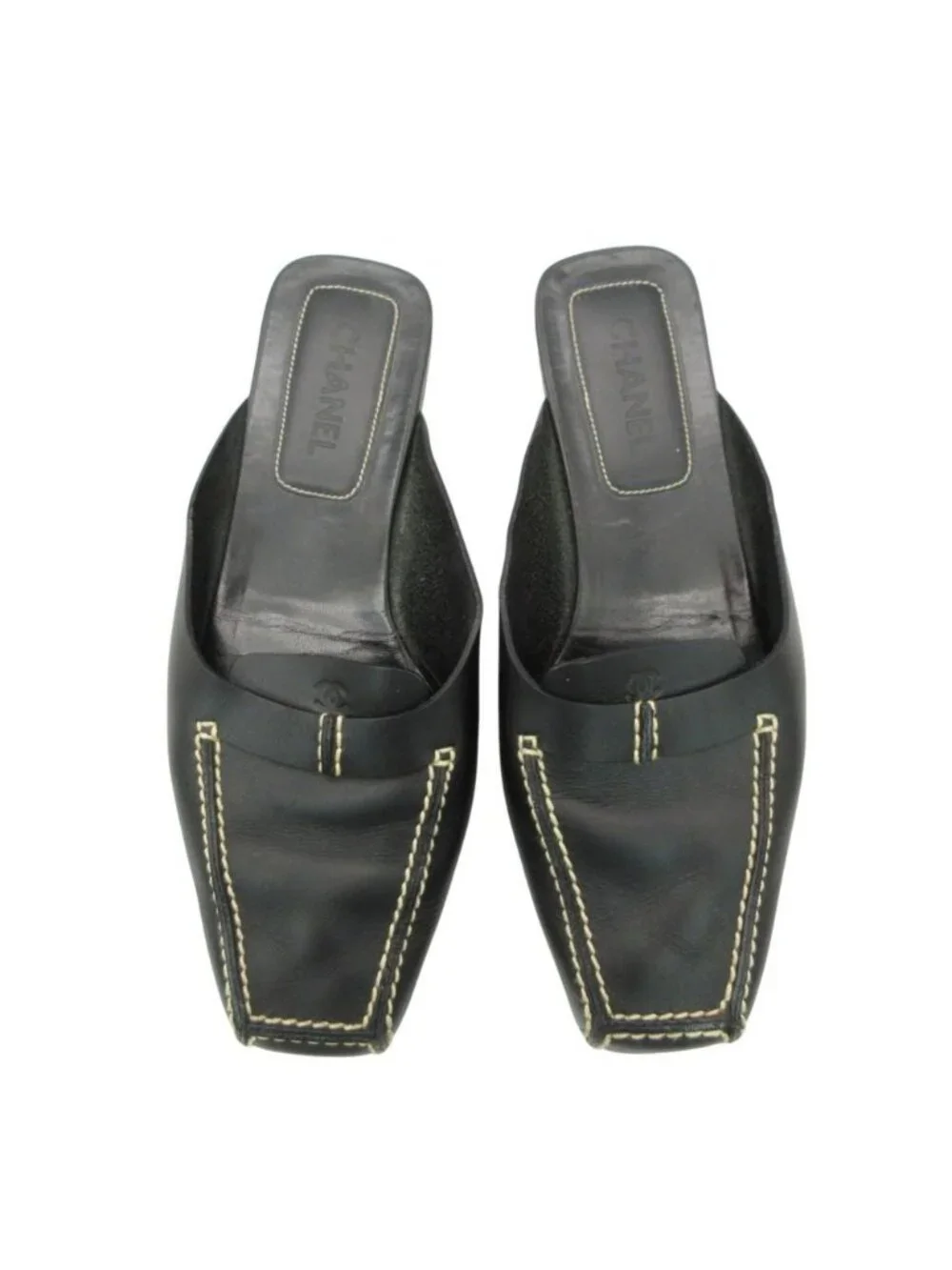 Chanel Sandals Leather Stitch Slip-on Shoes CC Logo Black